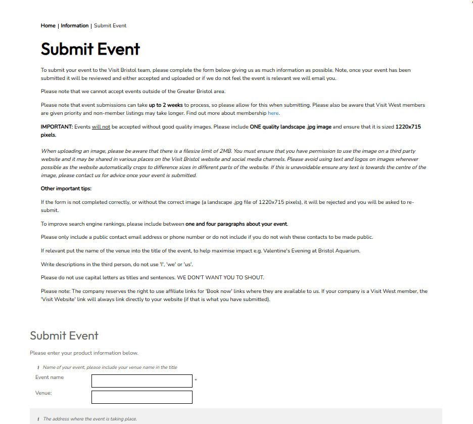 Visit Bristol submit event form example